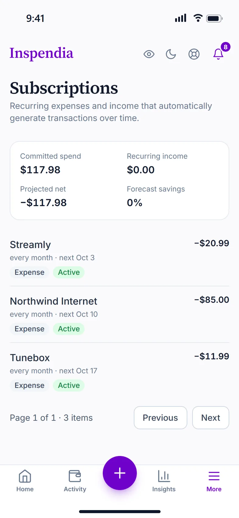 Subscriptions on a phone, listing the next date each bill posts.